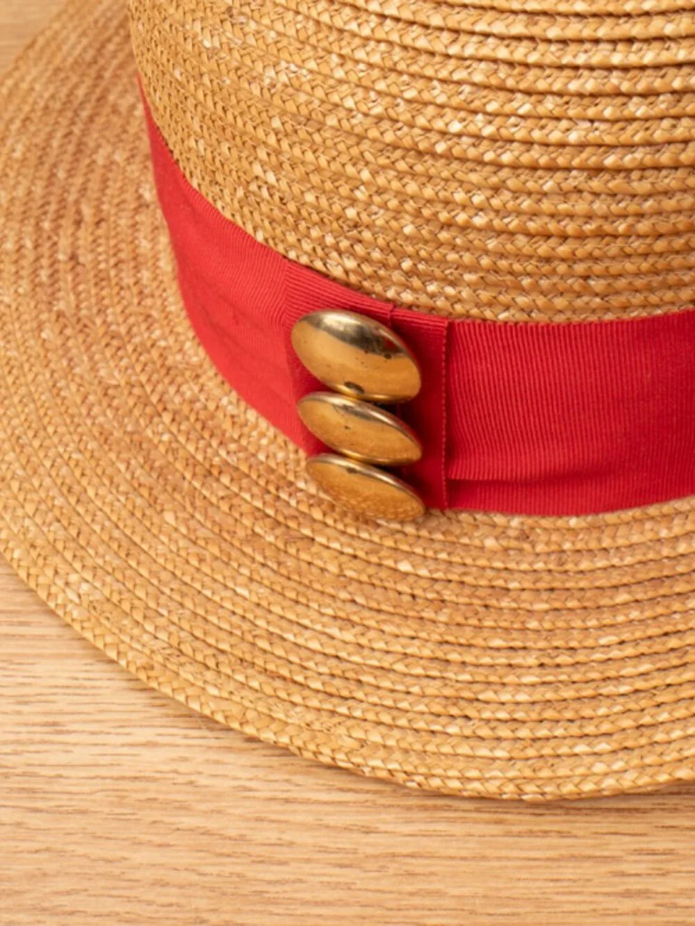 Patricia Underwood Straw Hat With Red Stripe and Gold Button Detail See Details